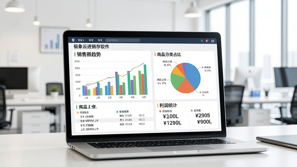 极象云进销存软件数据分析报表界面,画面展示笔记本电脑屏幕上的彩色柱状图与饼图,包含销售额趋势、商品分类占比、利润统计数字,背景为明亮办公室环境,风格专业商务,细节清晰,画质干净,无多余元素