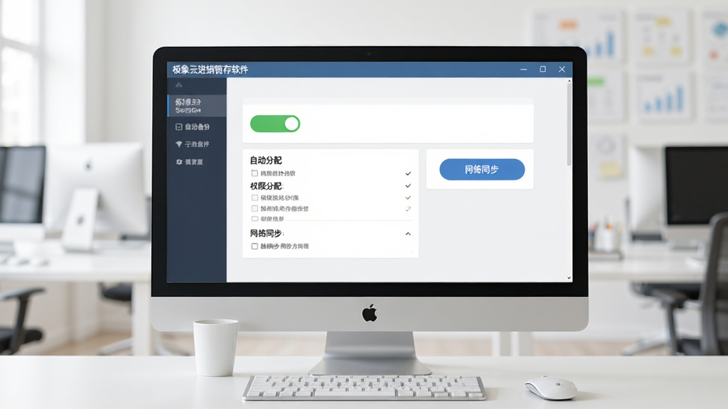 极象云进销存软件新手设置引导界面,画面展示电脑屏幕上的系统设置页面,包含自动备份开关、权限分配列表、网络同步按钮,界面简洁清晰,背景为浅色办公环境,风格实用,细节可见,画质干净,无多余元素