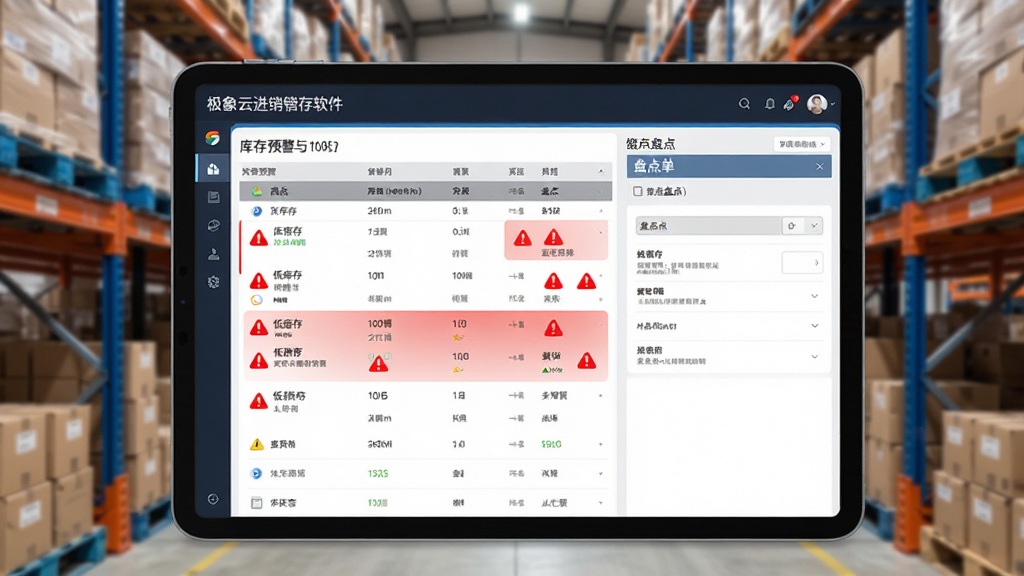 极象云进销存软件库存预警与盘点界面,画面中央为平板电脑显示库存预警列表与盘点单,红色警示图标突出显示低库存商品,背景为仓库货架虚化场景,风格实用清晰,细节丰富,画质干净,无多余元素