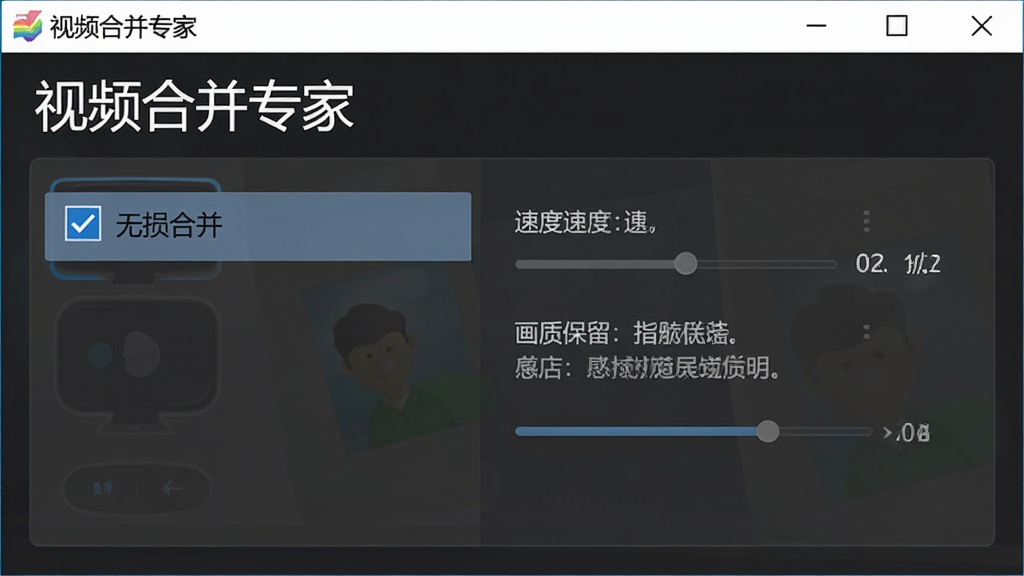 视频合并专家软件无损合并模式界面,显示“无损合并”选项被勾选,旁边有速度提示和画质保留说明,界面风格专业简洁,软件名称“视频合并专家”在顶部,高清画质