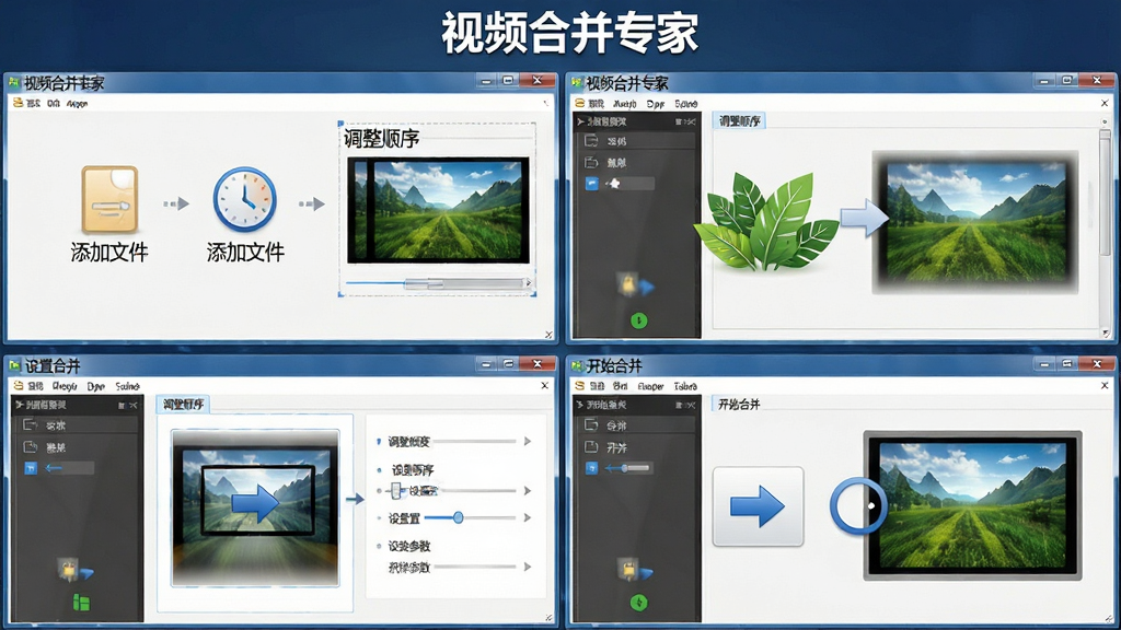 视频合并专家软件操作步骤示意图,画面分四步展示添加文件、调整顺序、设置参数、开始合并,界面简洁,软件名称“视频合并专家”在顶部,高清画质