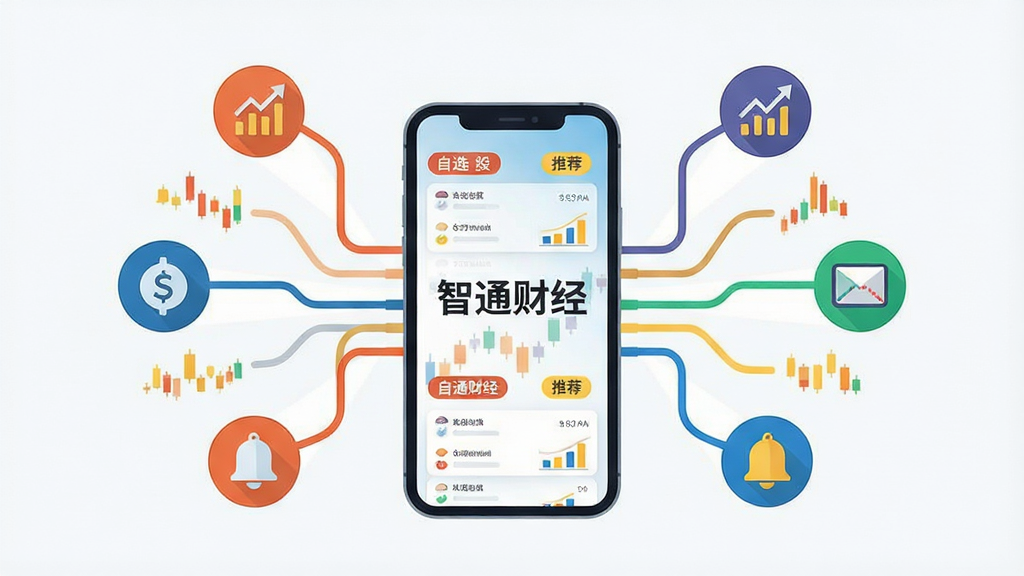 画一幅表现个性化财经资讯推荐概念的图片,主体是手机屏幕中伸出多条彩色数据线连接着不同的财经图标,屏幕上有“智通财经”标志,布局为发散式构图,排版中心为手机,四周为图标,风格为现代简约矢量风,细节包括自选股列表、推荐标签、铃铛提醒图标,画质高清,画面干净,无多余元素。