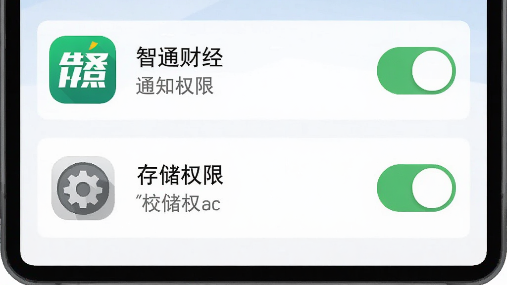 画一幅手机应用权限设置界面的示意图,主体是手机屏幕显示“智通财经”的通知权限与存储权限开关,布局为列表式排版,风格为扁平化UI设计,细节包括开启状态的绿色开关、应用图标、设置齿轮,画质清晰,画面干净,无多余元素。