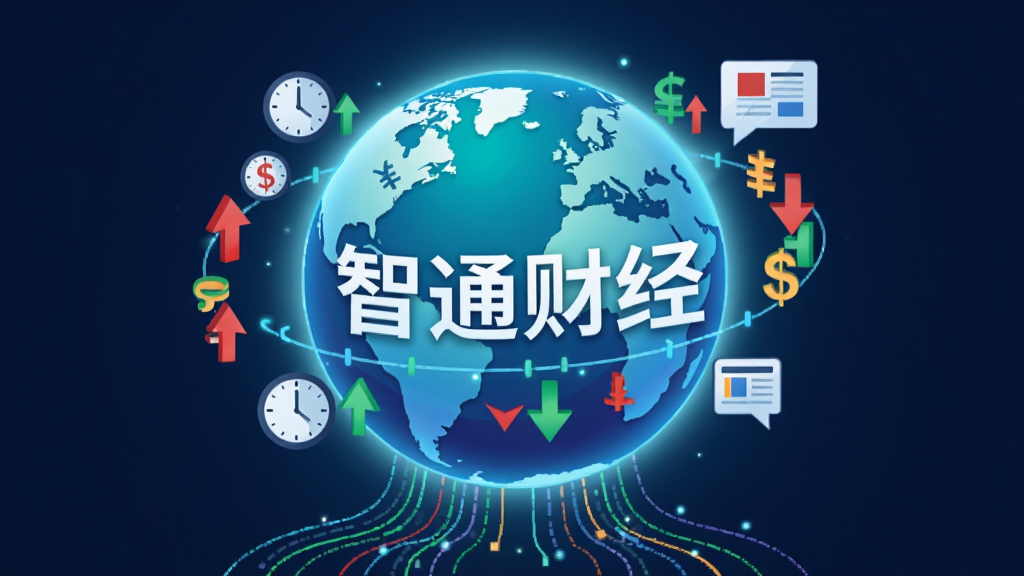 画一幅展示全球金融市场互联互通概念的图片,主体是一个发光的地球仪,表面环绕着“智通财经”字样和不同国家的货币符号,布局为居中构图,排版上方为地球,下方为数据流线条,风格为扁平化科技插画,细节包括红绿涨跌箭头、时钟图标、新闻气泡,画质清晰,画面干净,无多余元素。