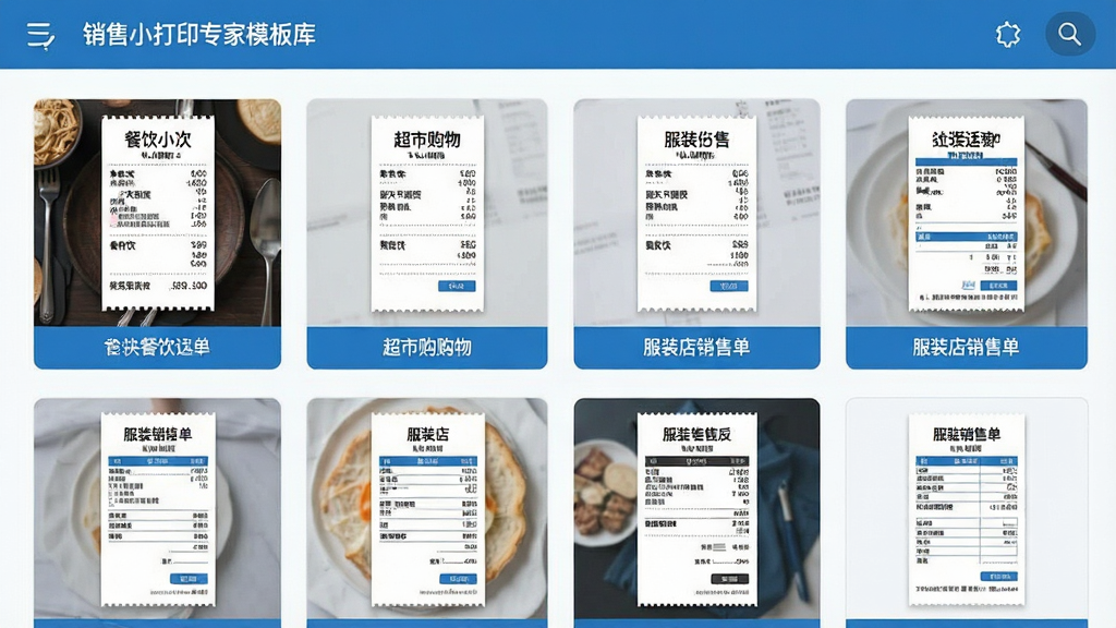 一张展示销售小票打印专家模板库的界面截图,画面中整齐排列着多种行业的小票模板缩略图,包括餐饮小票、超市购物小票、服装店销售单等,每个模板都标注了适用场景,界面风格为现代扁平化设计,主色调为蓝色和白色,细节清晰展示模板中的文字与表格线条,画质高清,干净,无多余元素
