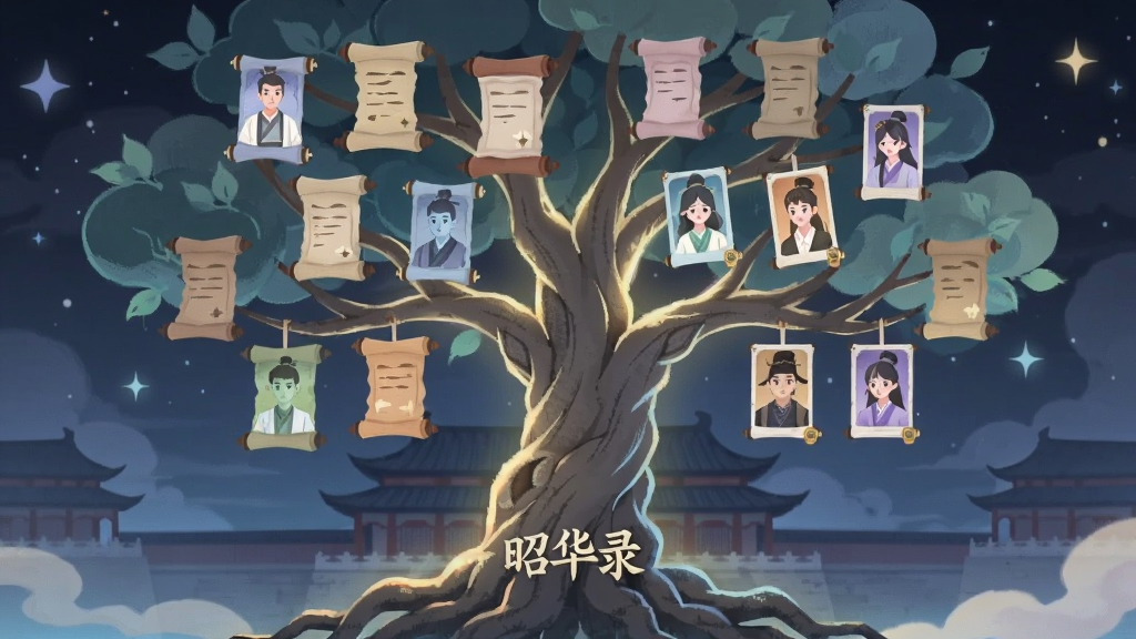 画面中展示一棵发光的剧情树,树枝上挂满不同颜色的卷轴和人物卡片,树根处写着