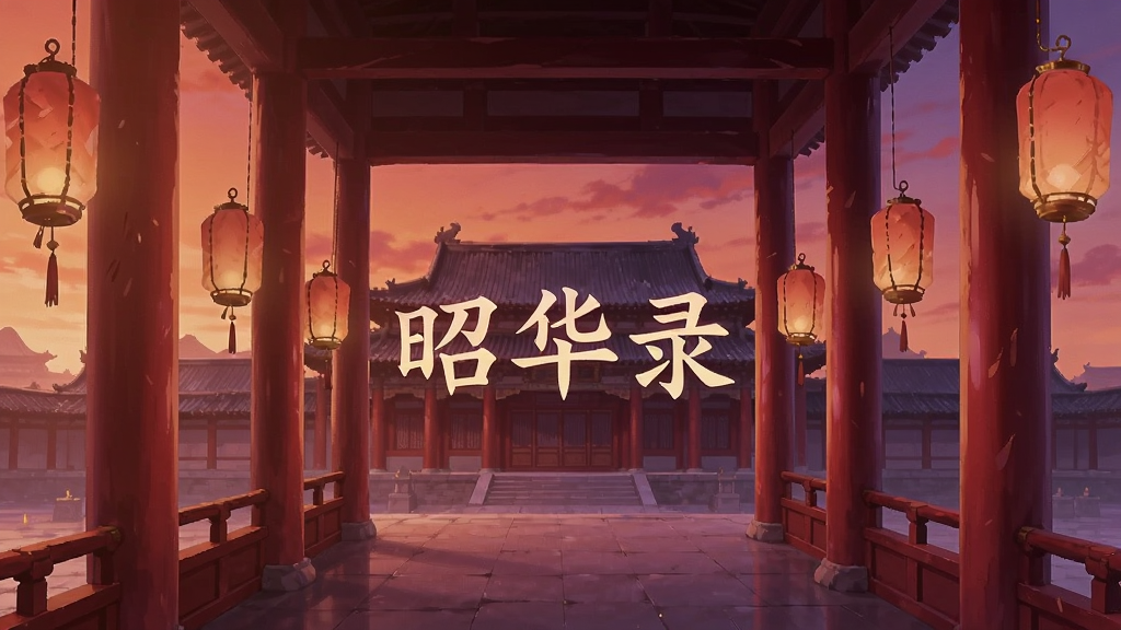 画面为古代宫廷长廊,两侧挂有灯笼,远处是宫殿屋顶与晚霞,长廊中央漂浮着