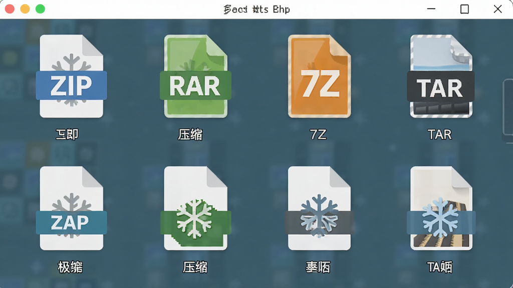 极光压缩多格式兼容功能展示,主体为软件界面中并列显示ZIP、RAR、7Z、TAR等多种格式图标,布局为横向排列整齐,排版规整,风格为扁平化设计,细节包括每个格式图标下方的格式名称文字标注,画质清晰,画面干净,无多余元素
