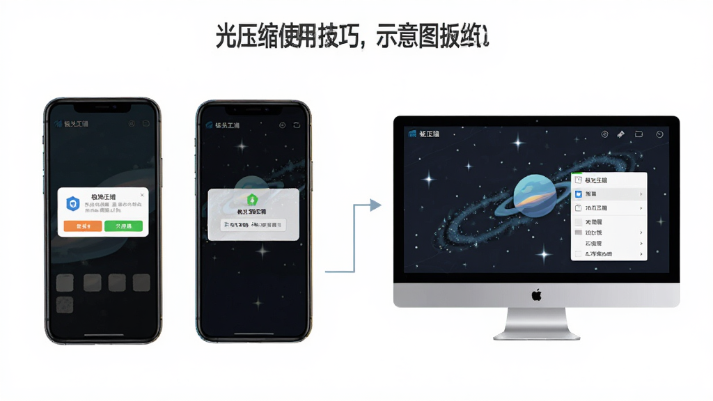 极光压缩使用技巧示意图,主体为手机和电脑并排展示极光压缩操作界面,布局为左右对比,排版清晰,风格为扁平化教程风,细节包括手机端权限弹窗和电脑端右键菜单,画质高清,画面干净,无多余元素