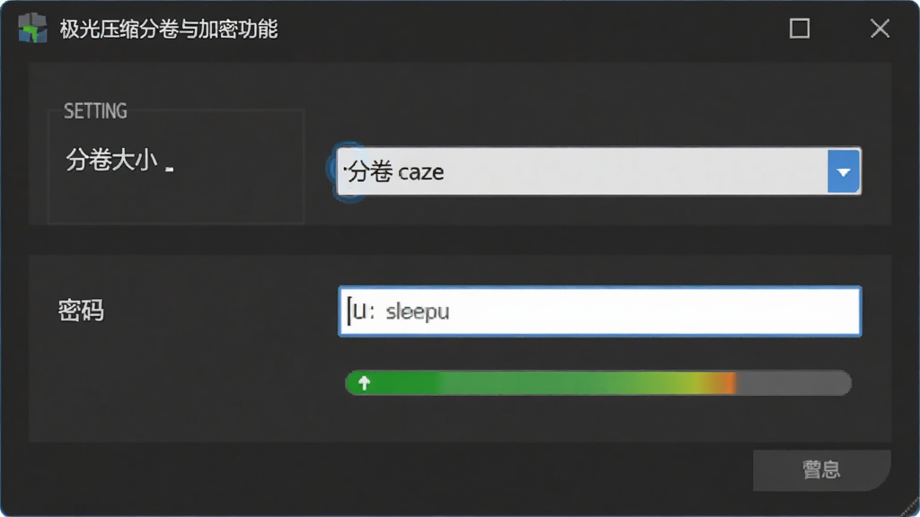 极光压缩分卷与加密功能界面,主体为软件设置面板中的分卷大小选项和密码输入框,布局为上下结构,排版清晰,风格为商务简约,细节包括分卷大小下拉菜单和密码强度指示条,画质高清,画面干净,无多余元素