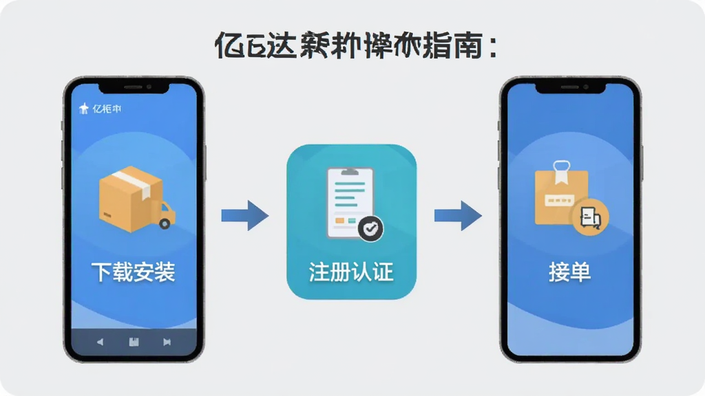 亿柜达新手操作指南示意图,画面展示手机屏幕从下载安装到注册认证再到接单的流程步骤,用简洁的图标和箭头串联,背景为浅灰色,风格扁平化,画质清晰,无多余装饰