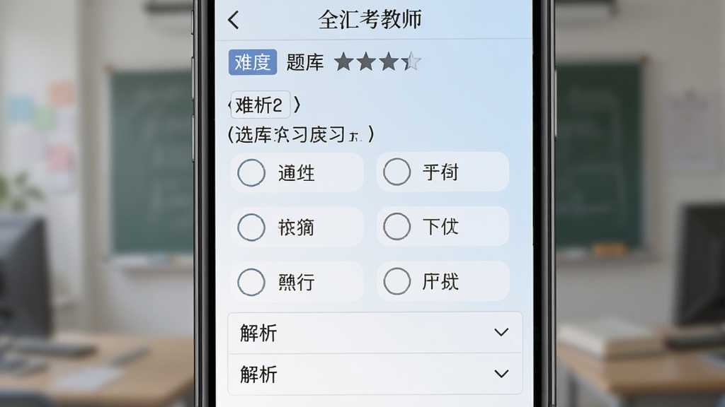 全汇考教师 题库练习界面 手机屏幕中展示选择题和解析 题目文字清晰 选项按钮排列整齐 下方有解析折叠区域 背景为淡蓝色渐变 风格简洁学术 细节包括题号标签和难度星级 画质清晰 干净 无多余元素