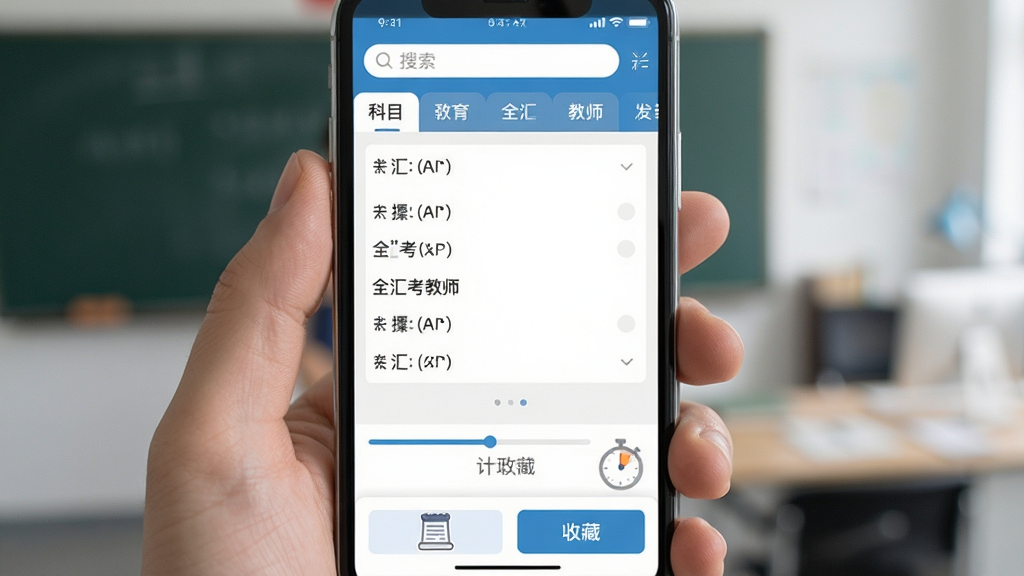 全汇考教师 下载 全汇考教师 软件主界面展示 手机屏幕中显示题库练习页面 顶部有搜索栏和科目分类标签 中间是选择题答题区域 底部有答题卡和收藏按钮 整体布局清晰 风格简洁明快 教育类APP典型设计 细节包括进度条和计时器 画质清晰 干净 无多余元素