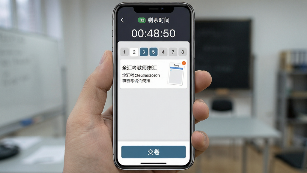 全汇考教师 模拟考试界面 手机屏幕中展示考试倒计时和答题卡 顶部有剩余时间显示 中间是题目区域 底部有交卷按钮 整体风格严肃考试氛围 背景为浅灰色 细节包括题号导航和已答未答标记 画质清晰 干净 无多余元素