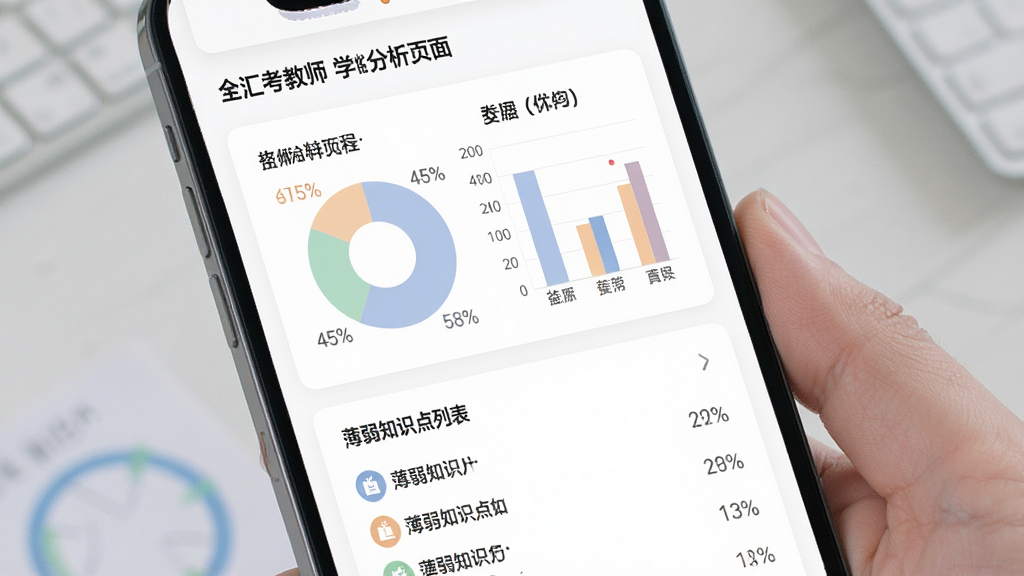 全汇考教师 学情分析页面 手机屏幕中展示饼状图和柱状图 图表颜色柔和 数据标签清晰 下方有薄弱知识点列表 整体风格数据可视化 背景为白色卡片式布局 细节包括百分比数字和科目图标 画质清晰 干净 无多余元素