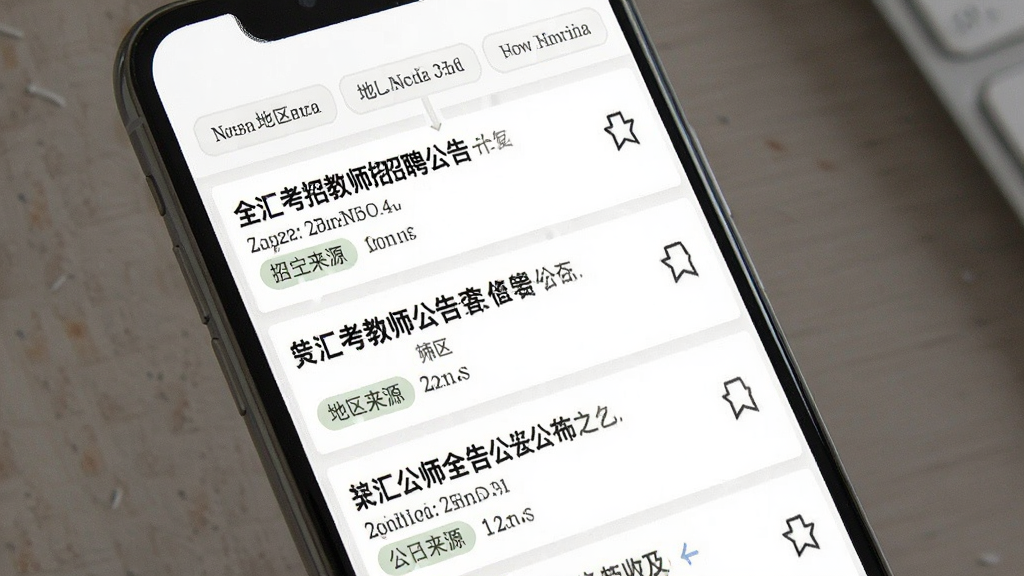 全汇考教师 资讯页面 手机屏幕中展示招聘公告列表 每条公告有标题和发布时间 顶部有地区筛选标签 整体风格新闻资讯类 背景为白色 细节包括公告来源标签和收藏图标 画质清晰 干净 无多余元素