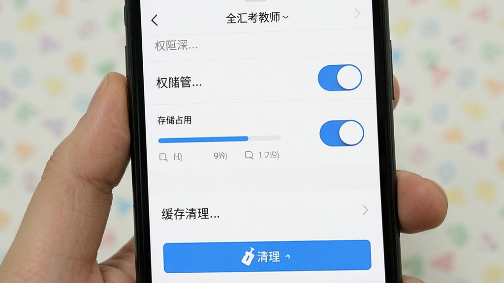 全汇考教师 设置界面 手机屏幕中展示权限管理和缓存清理选项 列表项清晰 开关按钮明显 背景为白色 风格简洁工具类 细节包括存储占用条和清理按钮 画质清晰 干净 无多余元素
