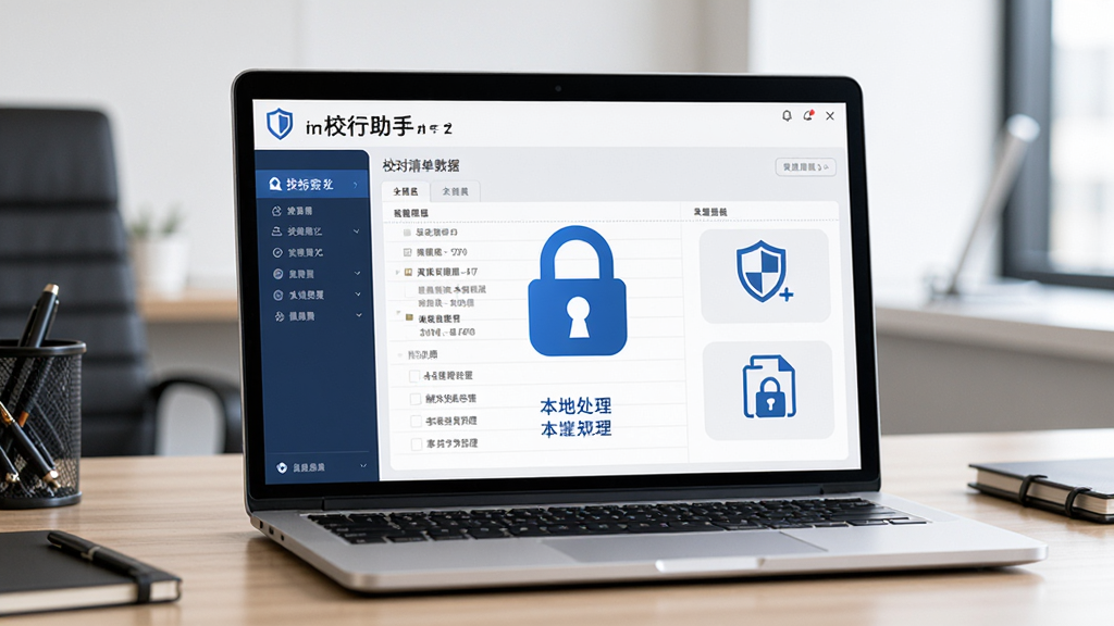 画面主体为一台笔记本电脑放置在办公桌上,屏幕显示投标助手(校对清单数据)软件界面,旁边有锁形图标表示数据安全,布局为居中构图,排版简洁,风格为安全商务风,细节包含盾牌图标、本地处理字样、文件加密符号,画质清晰,画面干净,无多余元素