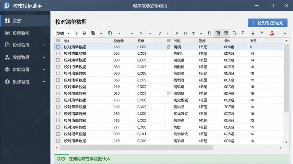 软件主界面展示,主体为居中排列的投标助手(校对清单数据)软件窗口,布局为上方标题栏、左侧功能导航、右侧数据表格区域,排版简洁清晰,风格为现代商务办公风,细节包含清单数据表格、校对按钮、状态提示栏,画质高清,画面干净,无多余元素