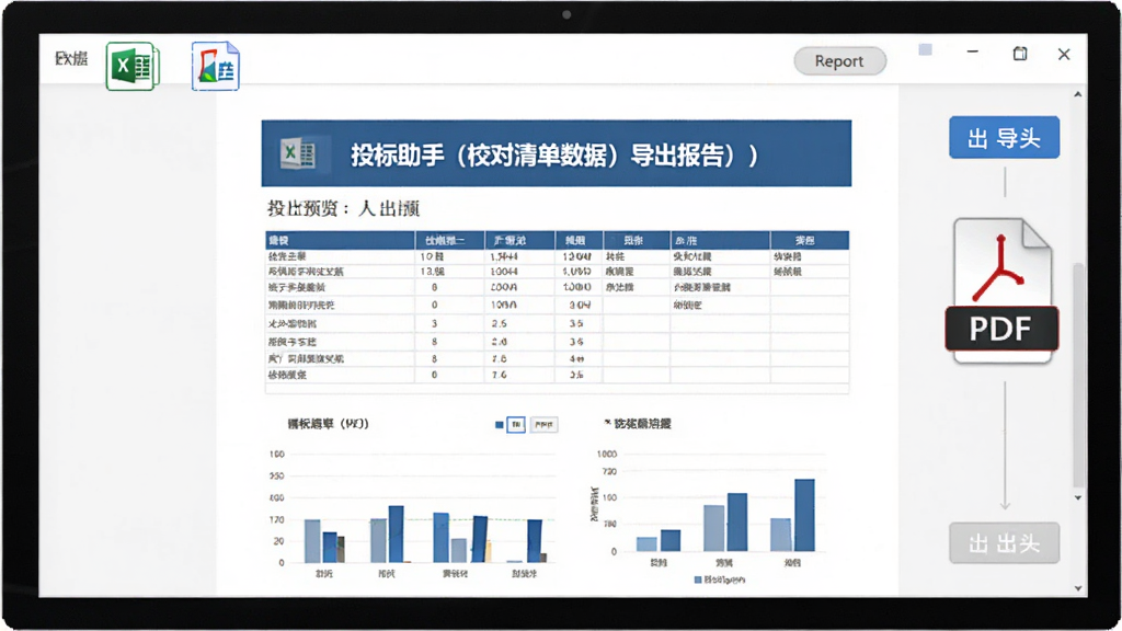 电脑屏幕显示投标助手(校对清单数据)的导出报告预览界面,主体为报告文档,布局为上方标题、中间表格、下方统计图表,排版规整,风格为专业文档风,细节包含Excel图标、PDF图标、导出按钮,画质清晰,画面干净,无多余元素