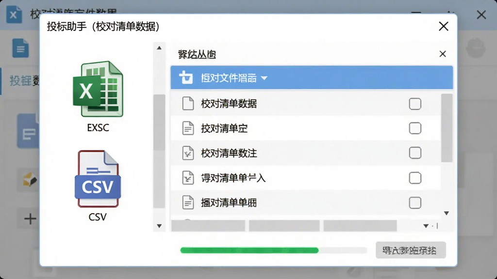 软件界面展示文件导入对话框,主体为投标助手(校对清单数据)的导入窗口,布局为左侧文件类型图标、右侧文件列表,排版简洁,风格为清爽工具风,细节包含Excel文件图标、CSV文件图标、导入进度条,画质高清,画面干净,无多余元素