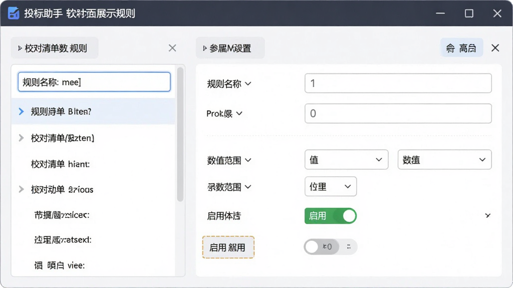 软件界面展示规则设置面板,主体为投标助手(校对清单数据)的规则配置窗口,布局为左侧规则列表、右侧参数填写区,排版清晰,风格为简约商务风,细节包含规则名称输入框、数值范围设置、启用开关按钮,画质高清,画面干净,无多余元素