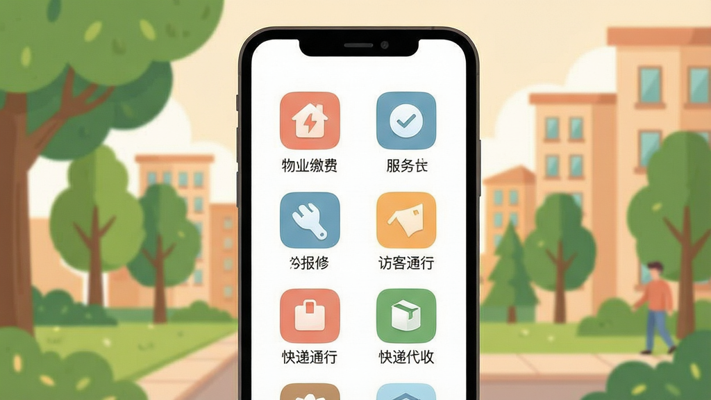 һ��չʾ���Ӹ�����Ӧ���ڷ����б��Ľ����ͼ���廭���������ֻ���Ļ��ʾ���������еķ���ͼ�꣬������ҵ�ɷѡ����ޡ��ÿ�ͨ�С���ݴ��յȣ�ÿ��ͼ���·������ı�ǩ����������ܰ��������������������¥�������Ϊ��ƽ��UI��ƣ�ɫ����ͣ����������ɾ����޶���Ԫ�ء�