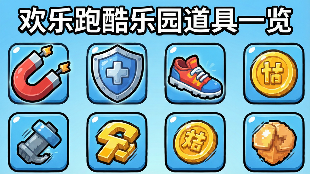 一张游戏道具图标集合插画,画面中整齐排列磁铁、护盾、加速鞋、双倍金币等卡通道具图标,每个图标带有高光和描边效果,背景为浅蓝色渐变,画面顶部写着“欢乐跑酷乐园道具一览”,整体风格统一为扁平卡通,画质清晰,无多余元素