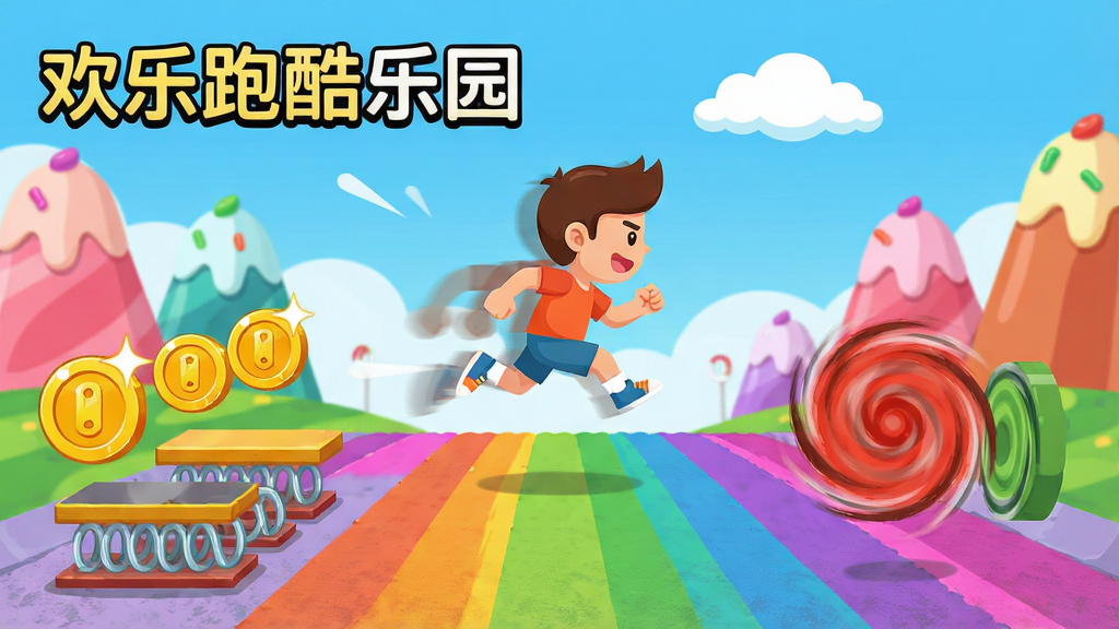 一幅色彩明快的手机跑酷游戏场景插画,画面中央是一个卡通角色在彩虹赛道上奔跑跳跃,赛道两侧分布金币、弹簧板和旋转障碍物,背景是蓝天白云与糖果色山丘,画面左上角写着“欢乐跑酷乐园”六个中文字,整体采用扁平化卡通风格,细节包括角色动态残影、金币高光、赛道纹理,画质清晰干净,无多余元素,适合作为软件下载页预览图
