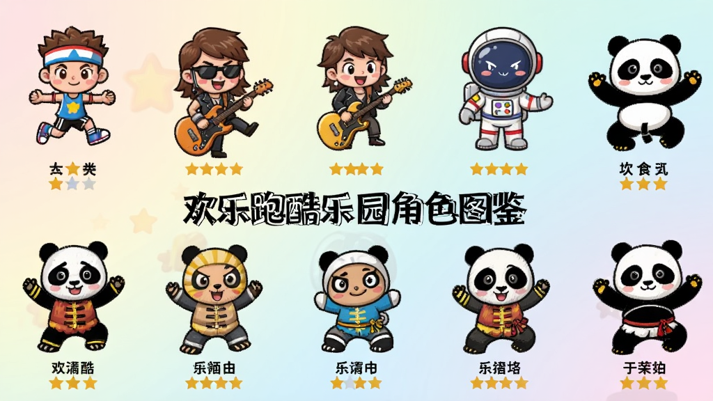 一张角色展示墙风格的插画,画面中排列着多位卡通跑酷角色,包括运动少年、摇滚歌手、宇航员和功夫熊猫等形象,每个角色下方标注名字和星级,背景为柔和的渐变浅色,画面中央写着“欢乐跑酷乐园角色图鉴”,整体风格活泼可爱,画质清晰干净