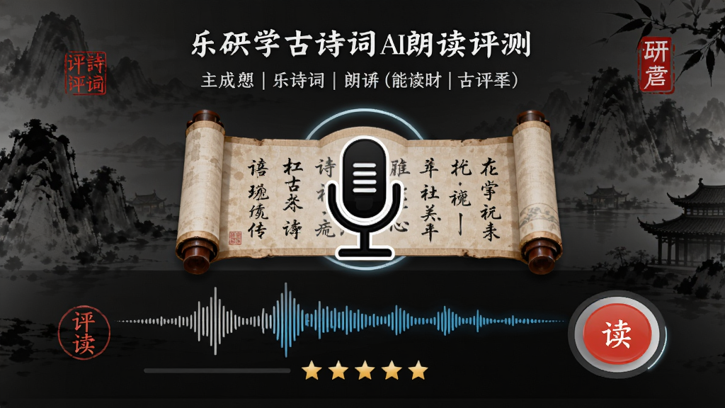 乐研学古诗词AI朗读评测界面,主体是手机麦克风图标与诗词卷轴结合,布局为上下结构,上方是诗词文字,下方是波形图与评分星级,排版为功能演示风格,细节包含水墨风格背景、红色的印章评分和朗读按钮,画质高清,风格为中国风与现代科技结合,画面干净,无多余元素。