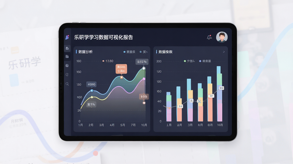 乐研学学习数据可视化报告界面,主体是平板电脑显示彩色图表,布局为平板居中,图表包含折线图与柱状图,排版为数据看板风格,细节包含清晰的数据标签、柔和的配色和用户头像,画质高清,风格为专业的数据分析界面,画面干净,无多余元素。