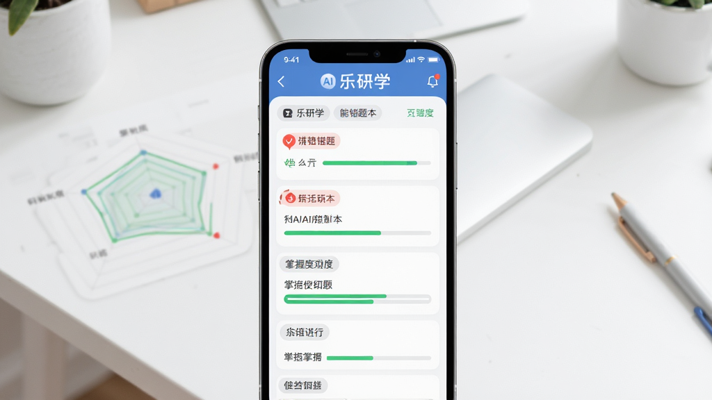 乐研学AI智能错题本界面,画面主体是手机屏幕特写,屏幕上显示错题列表和知识点雷达图,布局为手机居中,背景是干净的书桌桌面,排版为功能展示风格,细节包含红色的错题标记、绿色的掌握度进度条和清晰的分类标签,画质高清,风格为现代简约的UI设计,画面干净,无多余元素。