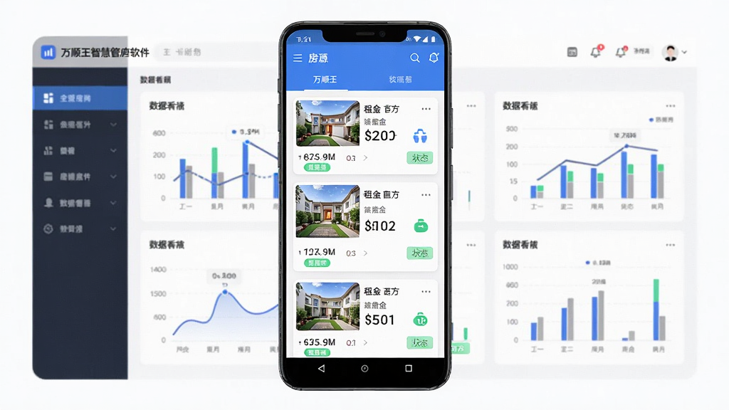 万顺王智慧管房软件主界面全貌展示,画面中央为手机屏幕内呈现房源列表与数据看板,主体为一部竖屏安卓手机,布局采用居中构图,排版清晰展示房源卡片和统计图表,风格为简约商务科技风,细节包含房源缩略图、租金数字、状态标签,画质高清干净无多余元素。