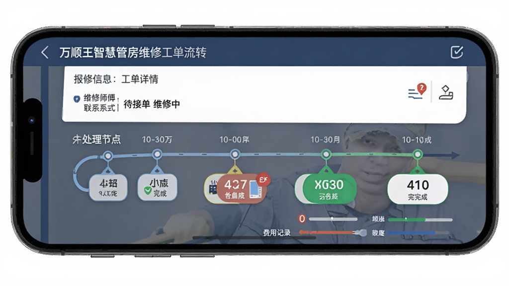 万顺王智慧管房维修工单流转界面,主体为手机屏幕展示工单详情与进度时间轴,布局上方为报修信息下方为处理节点,排版清晰展示待接单维修中已完成状态,风格实用工具风,细节包含维修师傅联系方式与费用记录,画质高清干净无多余元素。