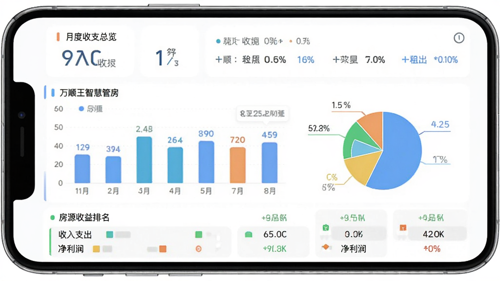 万顺王智慧管房租金收支统计图表界面,主体为手机屏幕显示柱状图与饼状图,布局上方为月度收支总览下方为各房源收益排名,排版色彩分明,风格数据可视化现代感,细节包含收入支出净利润等数字标注,画质清晰干净无多余元素。