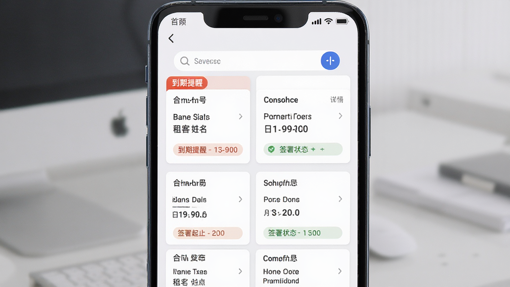 万顺王智慧管房电子合同管理界面,主体为手机屏幕展示合同列表与合同详情页,布局上方为搜索栏下方为合同卡片,排版突出到期提醒与签署状态,风格正式商务,细节包含合同编号租客姓名租期起止日期,画质高清干净无多余元素。