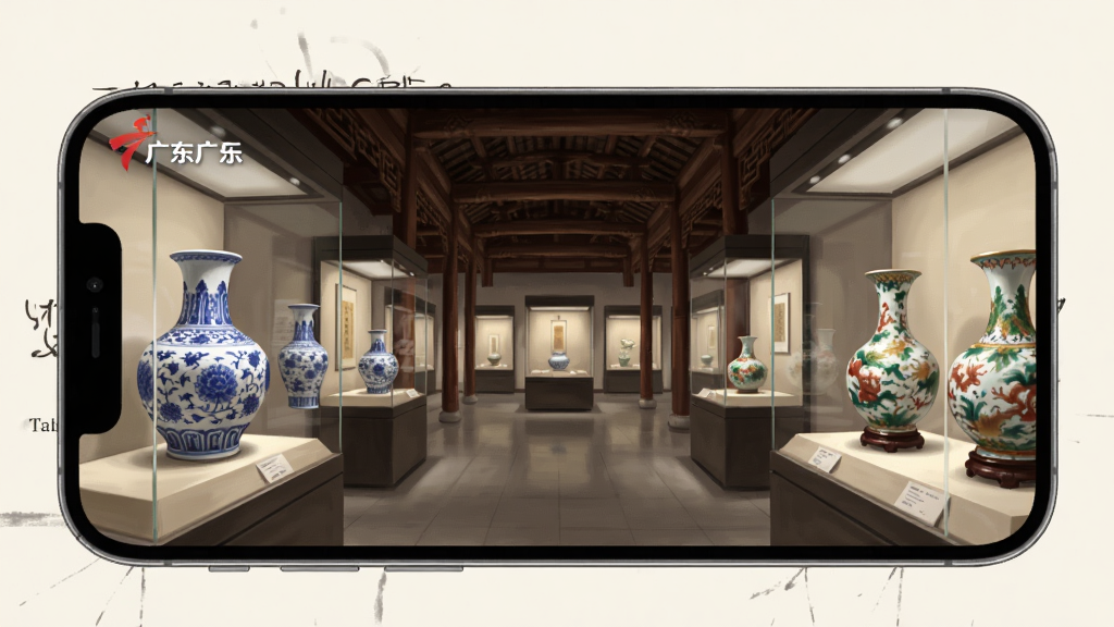 文化广东应用内的数字展馆界面,画面主体为手机屏幕,屏幕中展示一座岭南风格虚拟博物馆大厅,两侧陈列着青花瓷与广彩瓷器。布局采用对称式构图,背景为淡雅的米白色调。排版清晰,风格为写实数字绘画,细节上突出文物纹理与展厅光影,画质细腻,干净,无多余元素。
