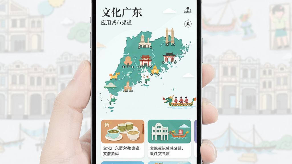文化广东应用的城市频道页面,画面主体为手机屏幕,屏幕中展示广东地图轮廓与各城市文化地标图标,下方排列着文旅资讯卡片。布局采用纵向滚动式排版,风格为清新扁平化设计,细节上加入广式早茶、骑楼、龙舟等元素点缀,画质清晰,干净,无多余元素。