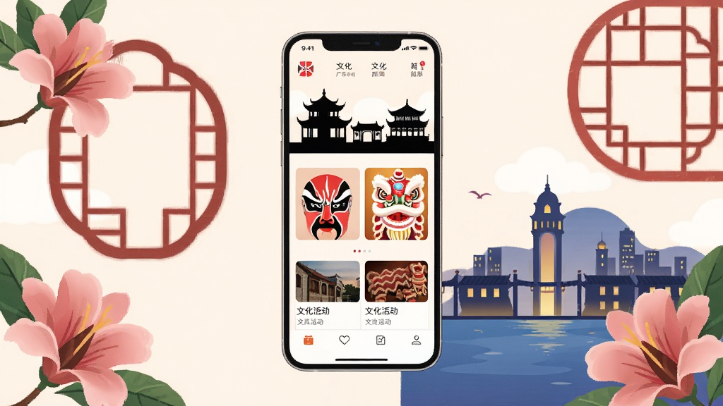 画面主体是一部智能手机,屏幕中展示着文化广东应用的首页界面,界面中包含岭南建筑剪影、粤剧脸谱、醒狮元素与文化活动卡片。布局采用居中构图,手机悬浮在画面中央,四周环绕着木棉花、广式窗花与珠江夜景的淡雅插画。排版简洁明快,风格为现代扁平化插画风,细节上注重文化符号的精致呈现,画质清晰,干净,无多余元素。