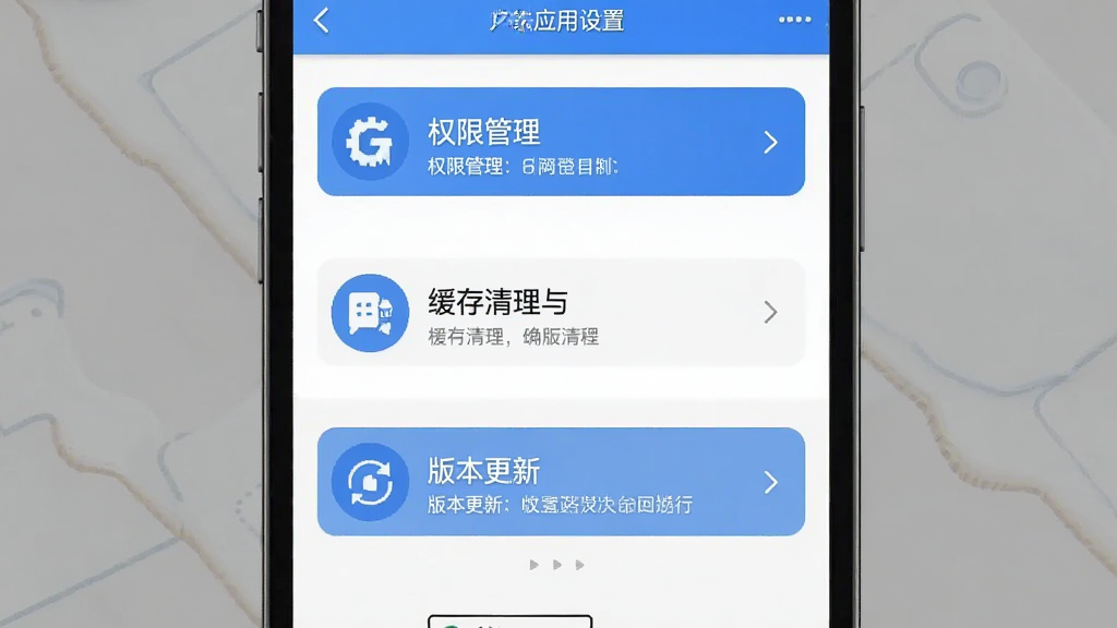 文化广东应用设置页面截图,画面主体为手机屏幕,屏幕中展示权限管理、缓存清理与版本更新选项。布局采用列表式排版,风格为简洁商务风,细节上突出按钮图标与文字说明,画质清晰,干净,无多余元素。