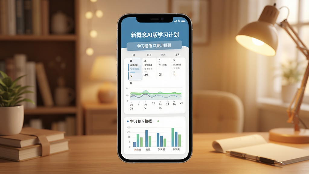 �¸���AI��ѧϰ�ƻ�ҳ�棬�ֻ���Ļ��ʾ����ʽѧϰ�����븴ϰ���ѣ�������ͼ��չʾѧϰ���ݣ�����Ϊ���ůɫ���鷿�����������ܰ��־������ɾ������ң��������������ʸ���