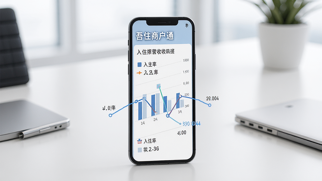 吾住商户通营收数据统计界面,手机屏幕显示柱状图和折线图,展示入住率和收入趋势,背景是简洁的办公桌面,风格清新商务,细节精致,画质高清,干净无多余元素
