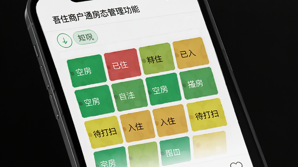 吾住商户通房态管理功能界面,手机屏幕显示彩色房态格子图,绿色代表空房,红色代表已入住,黄色代表待打扫,画面布局整齐,风格简约商务,细节清晰,画质高清,干净无多余元素