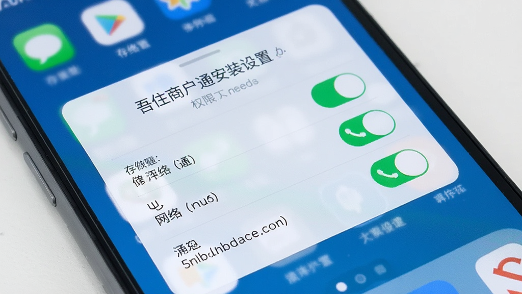 吾住商户通安装设置界面,手机屏幕显示权限授权页面,包含存储、网络、通知等开关选项,背景是简洁的手机桌面,风格清爽简约,细节清晰,画质高清,干净无多余元素