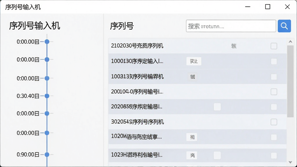 AI生图,画面展示“序列号输入机”软件的历史记录界面,左侧为时间轴,右侧为序列号列表和搜索框,主体为软件界面,布局为左右分栏,排版整齐,风格为简约商务风,细节包括时间轴节点、列表隔行底色、搜索图标,画质高清,干净,无多余元素