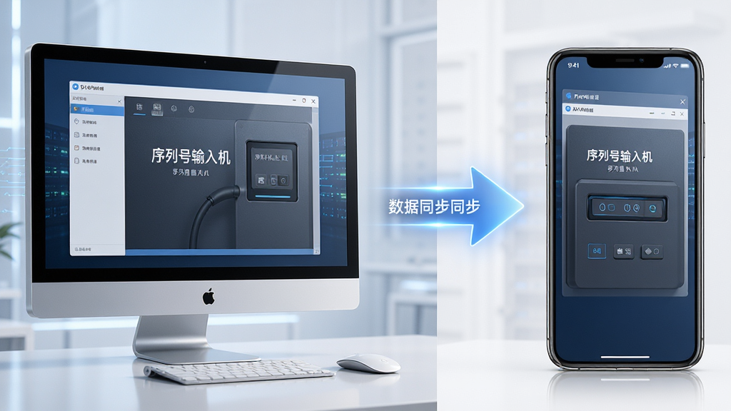 AI生图,画面展示“序列号输入机”软件在电脑和手机上的使用场景,左侧为电脑屏幕显示软件界面,右侧为手机屏幕显示相同界面,中间有数据同步箭头,主体为双设备展示,布局为左右对比,排版对称,风格为现代科技风,细节包括屏幕内容清晰、设备边框质感、箭头光影,画质高清,干净,无多余元素