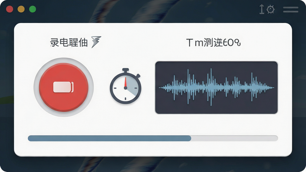 一张龙卷风收音机录音功能界面的特写图,主体是软件界面中的录音设置面板,面板上显示着红色的录音按钮、定时器图标和音频波形图,布局为界面截图居中展示,风格为现代扁平化UI设计,细节包括按钮的微立体质感、清晰的文字标签和进度条,画质高清,画面干净,无多余视觉干扰