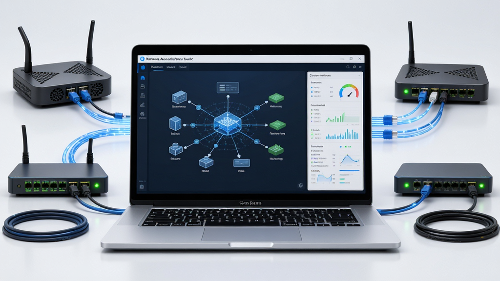 Network Administrator Toolkit 软件主界面全景展示,主体是一台打开的笔记本电脑屏幕,屏幕上显示网络拓扑图和设备监控仪表盘,布局为中心对称,屏幕周围环绕路由器、交换机、网线等网络设备,排版清晰整洁,风格为现代科技感写实风,细节包含蓝色数据流动线条和绿色状态指示灯,画质为高清4K,干净无多余元素。