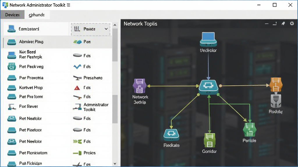 Network Administrator Toolkit 局域网设备扫描结果界面,主体为软件窗口,窗口内显示设备列表和网络拓扑图,布局为左右分栏,左侧列表右侧拓扑,排版整齐,风格为扁平化商务风,细节包含不同颜色的设备图标和连接线,画质高清,干净无多余元素。